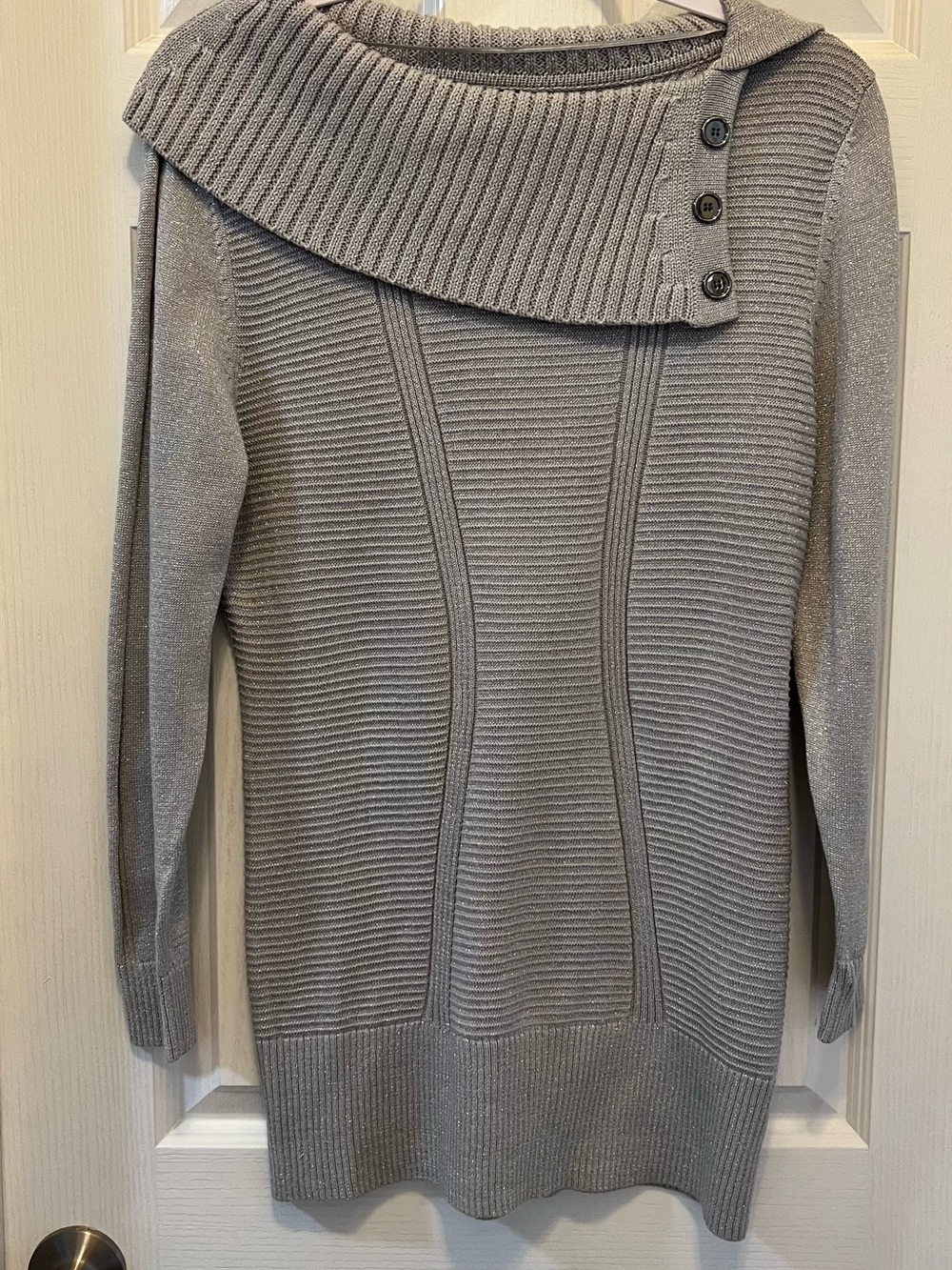 Style & Co. Light Gray Ribbed Button-Detail Cowl Neck Sweater